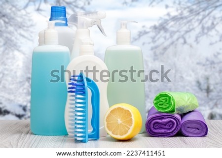 Plastic bottles of dishwashing liquid, glass and tile cleaner, detergent for microwave ovens and stoves, garbage bags, brush and lemon with winter landscape on the background.