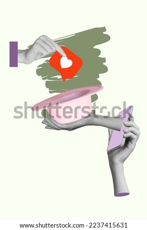 Collage artwork graphics picture of arm growing modern device holding cap asking feedbacks isolated painting background