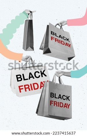 Collage photo banner of hands holding bags from shopping black friday slogan cheap electronic best deal isolated on white color background