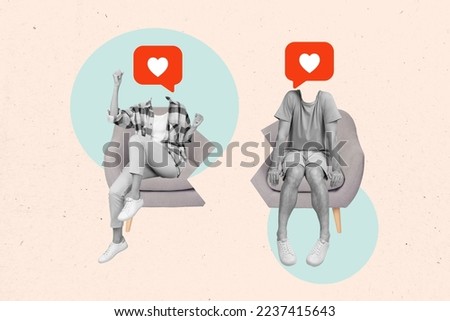 Collage photo of young couple lady with her boyfriend headless like notification love story sitting chair isolated on white color background
