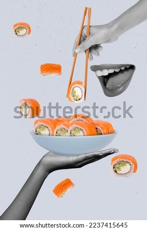 Creative trend collage of hand holding sushi bowl chopsticks feed eating mouth tasty banner delicious cafe sales freak bizarre unusual