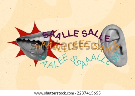 Exclusive magazine picture sketch collage image of lips shouting sale ear isolated painting background