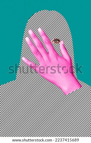 Creative abstract template collage of woman female hidden silhouette pink hand arm eye incognito anonym unknown view metaphor psychedelic Royalty-Free Stock Photo #2237415689