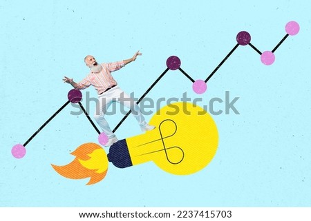 Artwork magazine collage picture of funny funky guy flying light bulb rocket isolated drawing background
