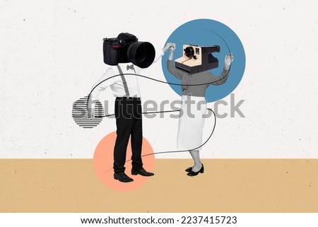 Photo artwork minimal collage picture of funny couple date vintage cameras instead of heads isolated drawing background