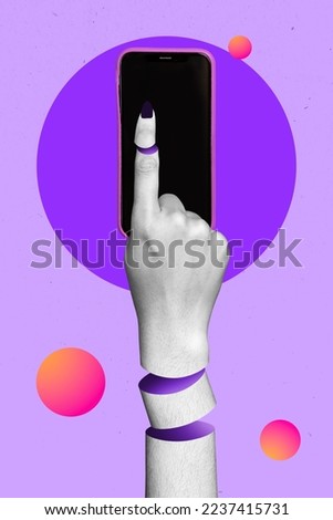 Vertical creative collage image of woman female hand cutting swipe smartphone cell phone internet social media ui ux touchscreen