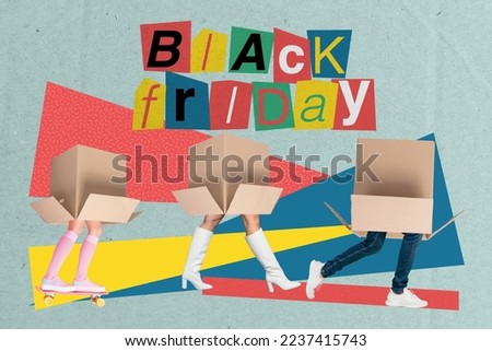 Creative trend collage of walking going step family man woman child carton cardboard boxes instead head black friday post office sales