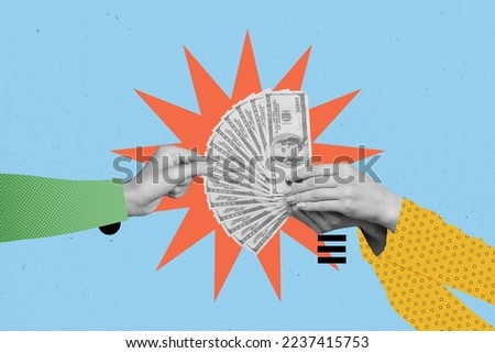 Creative photo 3d collage artwork postcard poster picture of two human arm hold money pay purchase isolated on painting background Royalty-Free Stock Photo #2237415753