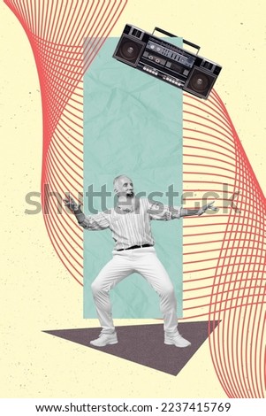 Creative abstract collage template graphics image of excited funky guy enjoying boom box music isolated drawing background