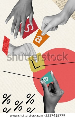 Collage photo poster of slogan sale shopping letters diversity hands hold low percent proposition cheap clothes isolated on white background