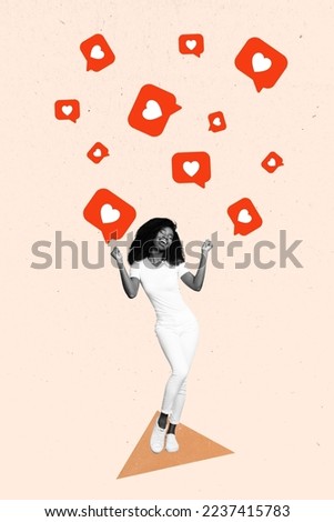 Creative photo 3d collage artwork postcard poster of happy lady rejoice number customers followers review isolated on painting background Royalty-Free Stock Photo #2237415783