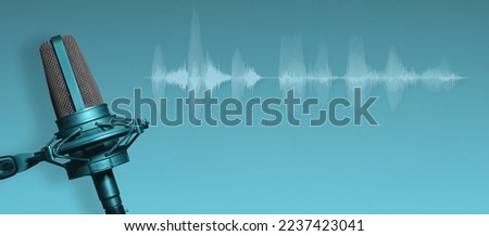 Vocal microphone with audio waveform. Podcast or broadcast radio recording studio banner background with copy space