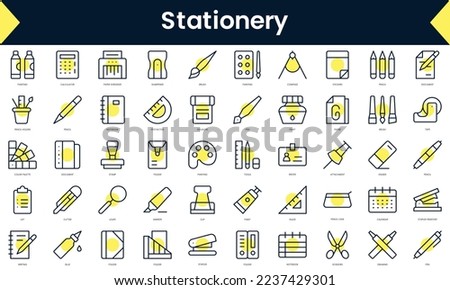 Set of thin line stationery Icons. Line art icon with Yellow shadow. Vector illustration