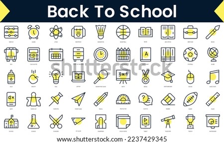 Set of thin line back to school Icons. Line art icon with Yellow shadow. Vector illustration