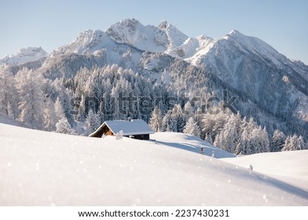 Winter nature landscape with snow covered traditional wooden chalet. Copy space