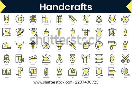 Set of thin line handcrafts Icons. Line art icon with Yellow shadow. Vector illustration