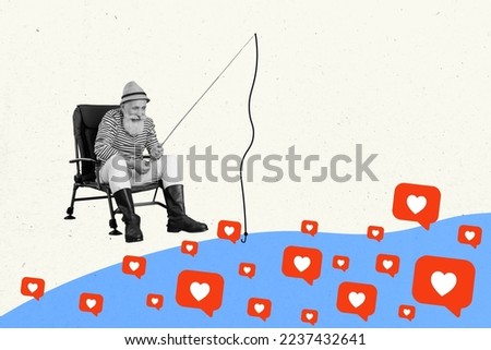 Collage photo of old pensioner fisherman sitting chair wear funny hat trying catch more popularity like button isolated on white color background Royalty-Free Stock Photo #2237432641