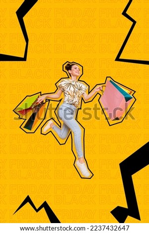 Collage photo banner of young running jumping air hurry hold stack packages bags with cheap clothes black friday isolated on yellow color background