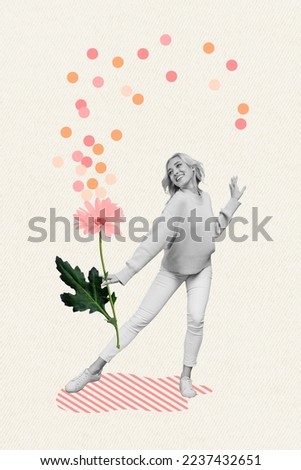 Vertical collage picture of positive excited girl black white gamma hand hold flower dancing isolated on creative background