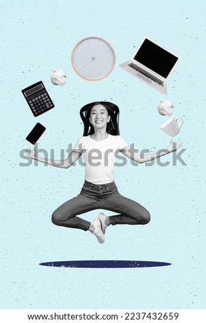Creative drawing collage picture of meditating levitating young woman freelancer multitask efficient positive remote distance work success