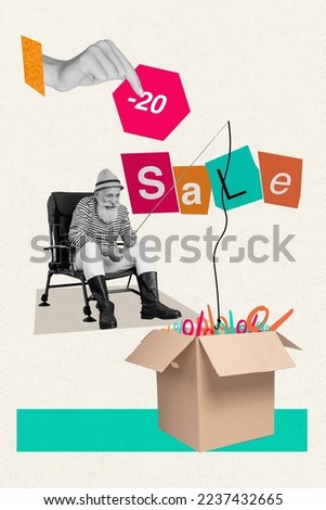 Collage photo concept of old age grandfather fishing order online delivery package big black friday sale box percent isolated on white background