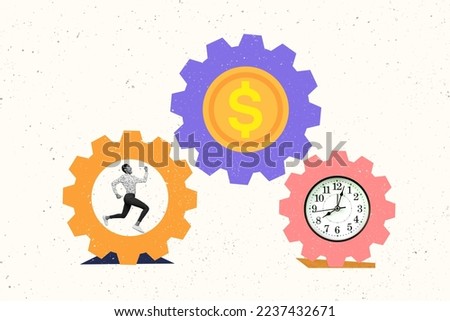 Creative photo 3d collage artwork poster of young persistent person moving his dream hurry work make money isolated on painting background