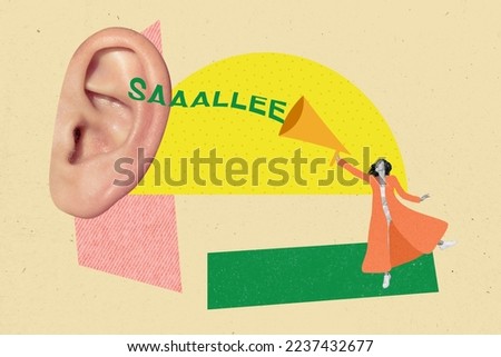 Collage photo of young woman hold microphone loudspeaker announcement big abstract ear listen sale propaganda isolated on beige background