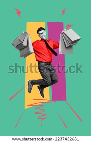 Collage 3d image of pinup pop retro sketch of funny jumping nerd gentleman businessman shopping bags packages weird freak bizarre