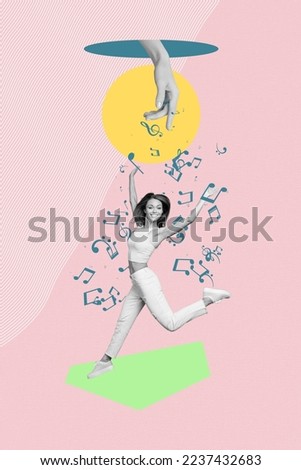 Vertical collage image of excited black white gamma girl have fun big arm hole throw melody symbol isolated on drawing background