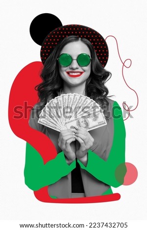 Creative photo 3d collage artwork postcard poster of positive happy lady showing money salary savings isolated on painting background