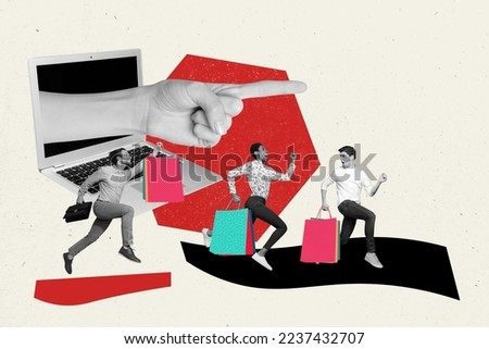 Creative photo 3d collage artwork postcard poster of young people hurry up market low prices clothes isolated on painting background Royalty-Free Stock Photo #2237432707