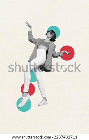 Collage photo poster promo advertisement of young cool shopaholic lady dancing wear stylish jacket dancing black friday isolated on white background