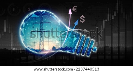 Power lines in symbolic lightbulb, stock price charts and ascending arrows with dollar and euro symbol. Global energy crisis, concept of energy conservation. Low-poly design on photography. Copy Space