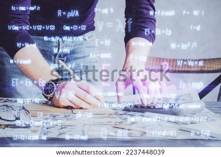 Student or teacher with mathematical and scientific formulas. Concepts of education. Symbols and equations on a virtual interface. Double exposure.