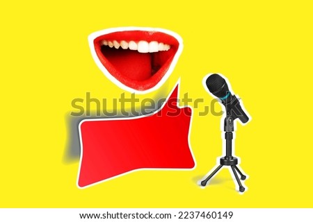 Creative collage, woman mouth and microphone
