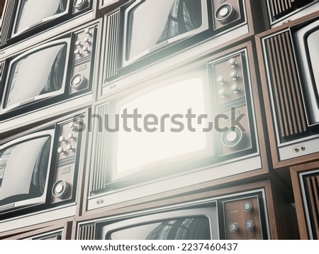 A stacked wall of old vintage tube televisions with wood trim and chrome dials with one turned on emitting light - 3D render