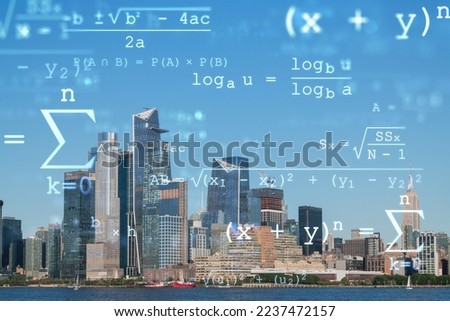 New York City skyline from New Jersey over the Hudson River towards the Hudson Yards at day. Manhattan, Midtown. Technologies and education concept. Academic research, top ranking university, hologram