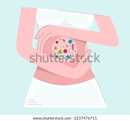 Microflora, viruses in the human intestine, microscopic bacteria.Flat vector character design for demonstration in textbooks, web. The gastrointestinal tract in the gentle hands of a woman. Body care. Royalty-Free Stock Photo #2237476711