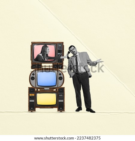 Contemporary art collage. Businessman talking on phone. Woman on retro TV set communicating with man. Television industry. Concept of news, creativity, retro style, social media, information