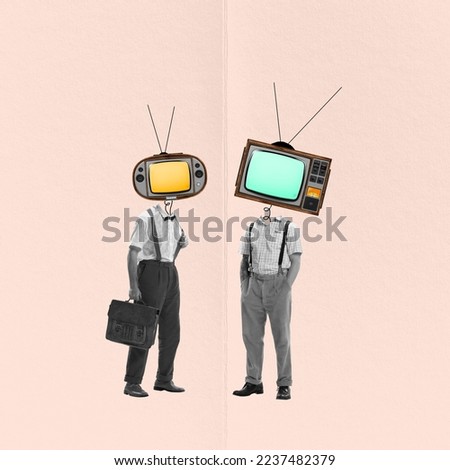 Contemporary art collage. Business people, employees with retro TV set heads talking, discussing current professional news. Concept of news, creativity, retro style, social media, information