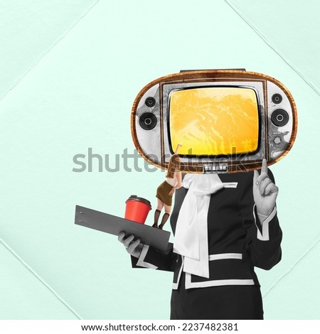 Contemporary art collage. Young girl pointing at retro Tv screen with colorful beer background. Informational show. Concept of news, creativity, retro style, social media, information