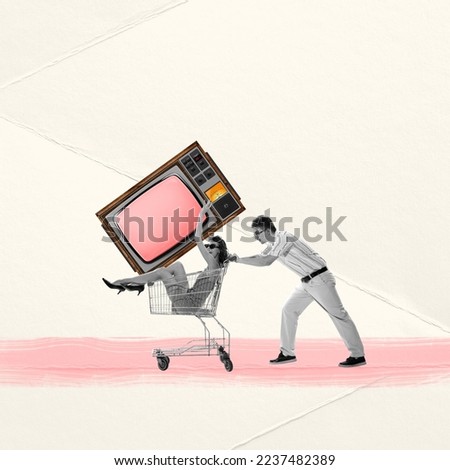 Contemporary art collage. Young couple going shopping. Man carrying woman on trolley with big retro TV. Sales. Concept of news, creativity, retro style, social media, information