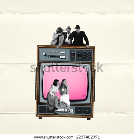 Contemporary art collage. Elegant beautiful woman sitting near retro TV set, group of men looking at them. Meeting. Concept of news, creativity, retro style, social media, information