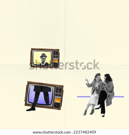 Contemporary art collage. Bachelor show. Stylish young woman sitting and watching show on retro TV set. Handsome man on screen. Concept of news, creativity, retro style, social media, information