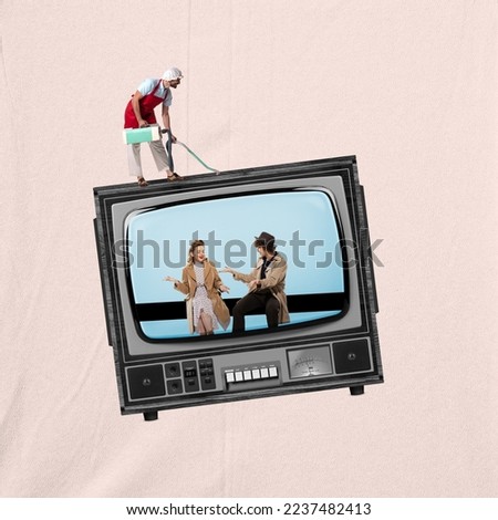 Contemporary art collage. Man and woman talking inside retro TV set. Man cleaning above. TV show, news, disinformation. Concept of news, creativity, retro style, social media, information