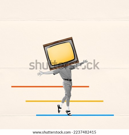 Contemporary art collage. Man in retro clothes walking with giant retro TV set instead head. Journalism. Concept of news, creativity, retro style, social media, information. Creative design