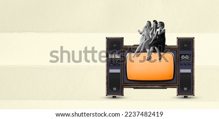 Contemporary art collage. Stylish young women sitting on vintage TV set and talking. Fashion show. Concept of news, creativity, retro style, social media, information, friendship