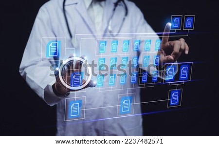 Doctor using software computer Document Management System (DMS), online documentation database process automation to efficiently manage files