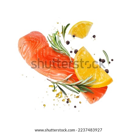 Juicy slice of fresh salmon with ingredients closeup isolated on a white background Royalty-Free Stock Photo #2237483927