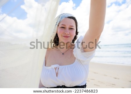 Refreshing summer sky and white dress Caucasian girl